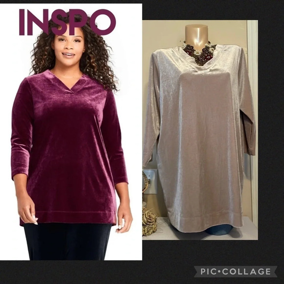 Lands End women 1x 16 18 plus top Velvet vneck tan gold 3/4 sleeve plus stretch - Picture 7 of 8